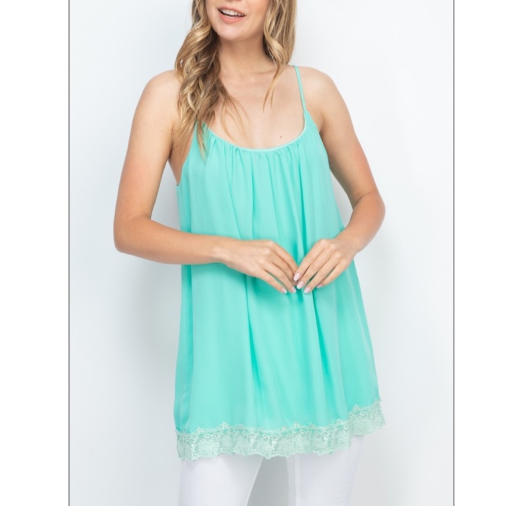 Aqua Mint sleeveless strappy scoop neck lace trim hem detail flowy tunic top. - Picture 2 of 16